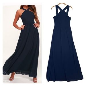 Lulu’s Air of Romance Gown Maxi Dress Navy Blue Sleeveless Flowy Size M